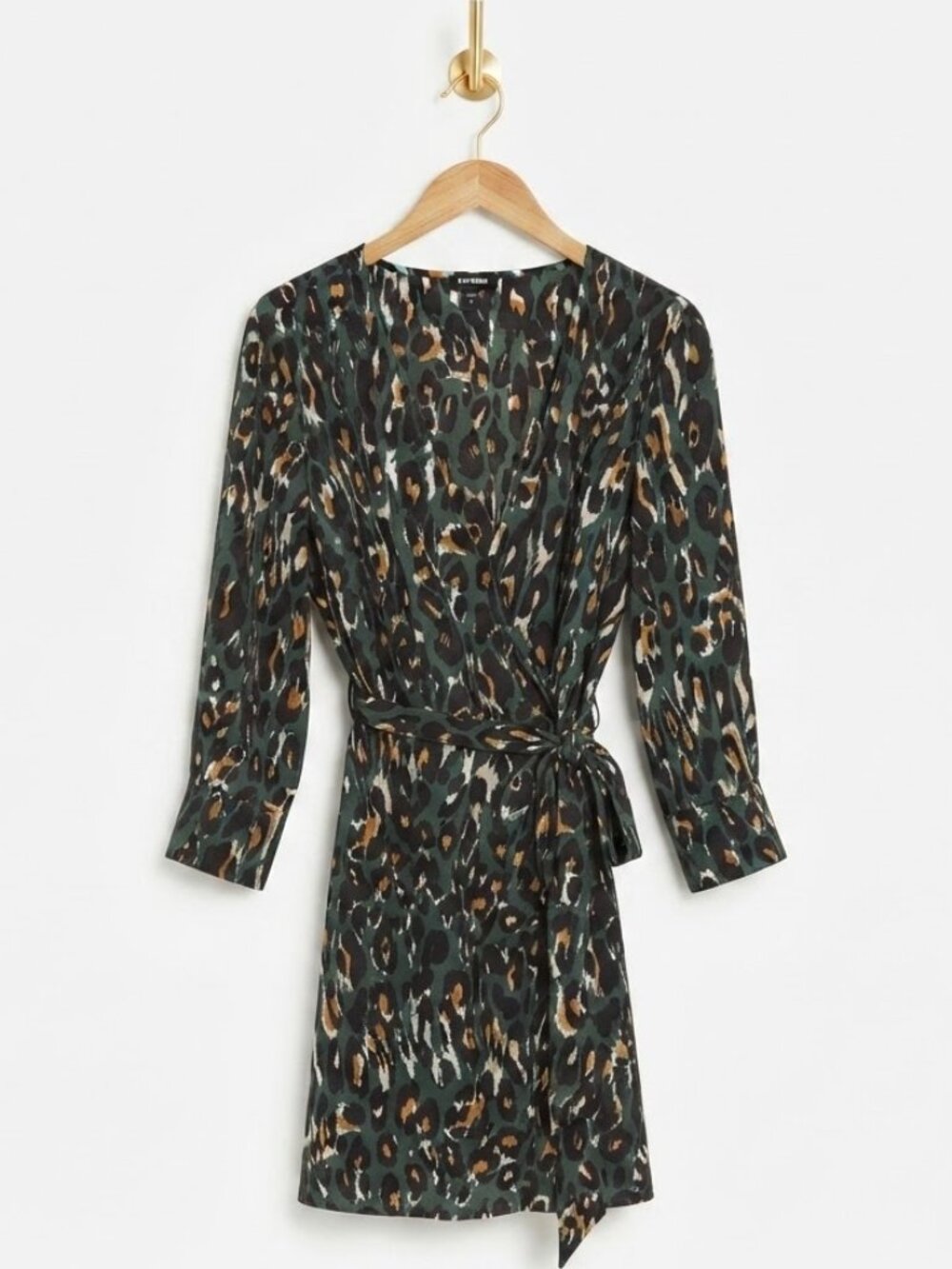 Express Leopard Wrap Dress M Green Multi Animal Print Long Sleeve Midi Chic